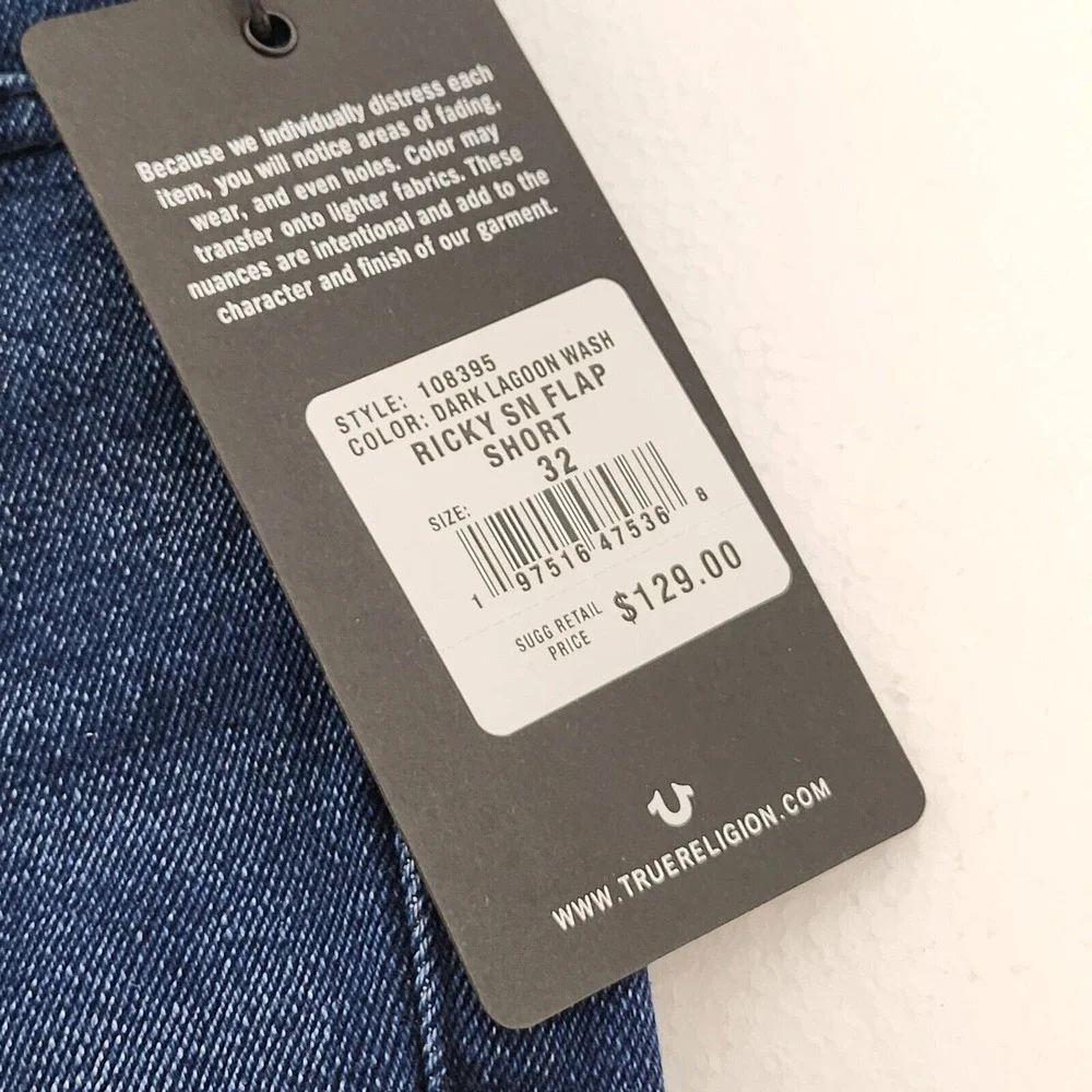 New True Religion Ricky SN Flap Shorts (32") Men Dark Lagoon Wash Denim Relaxed - Picture 3 of 10